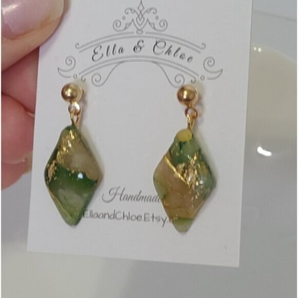 Handcrafted Boho Green Gold Ball Gemstone Agate Diamond Drop Dangle Earrings - Picture 5 of 7
